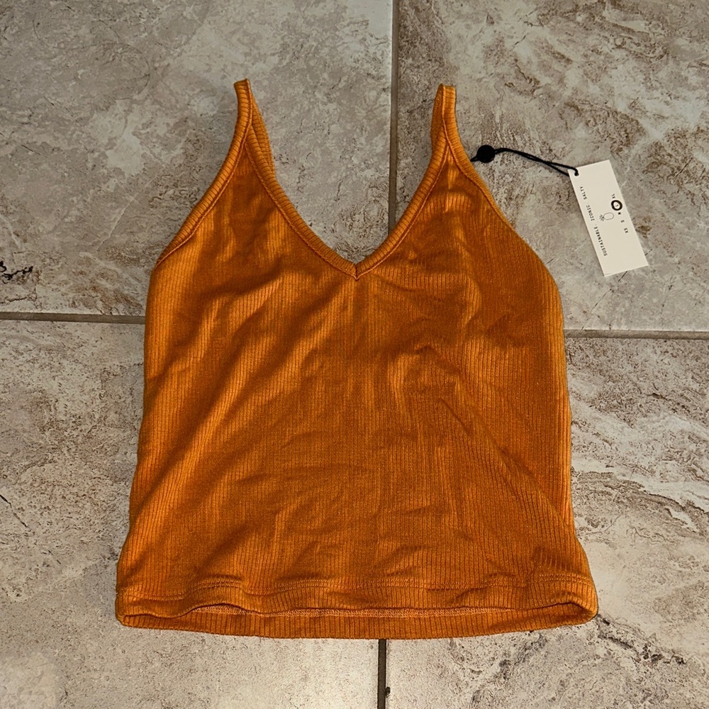 Skatie Orange V-Neck Ribbed Tank Top